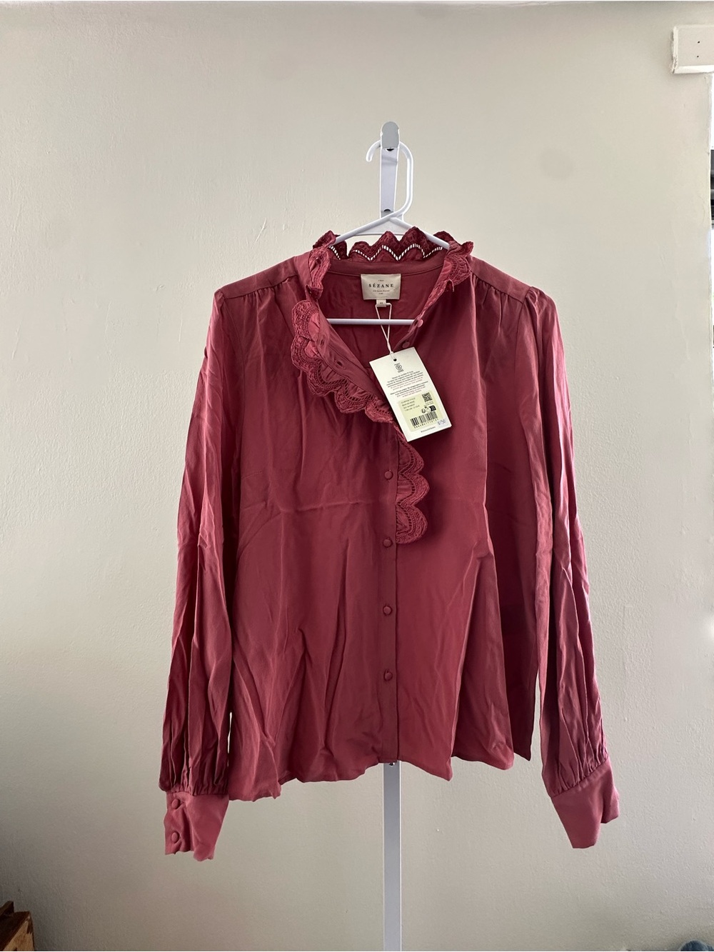 Sezane Silk Rose-Pink Ruffled Button-Front Blouse - Picture 5 of 8